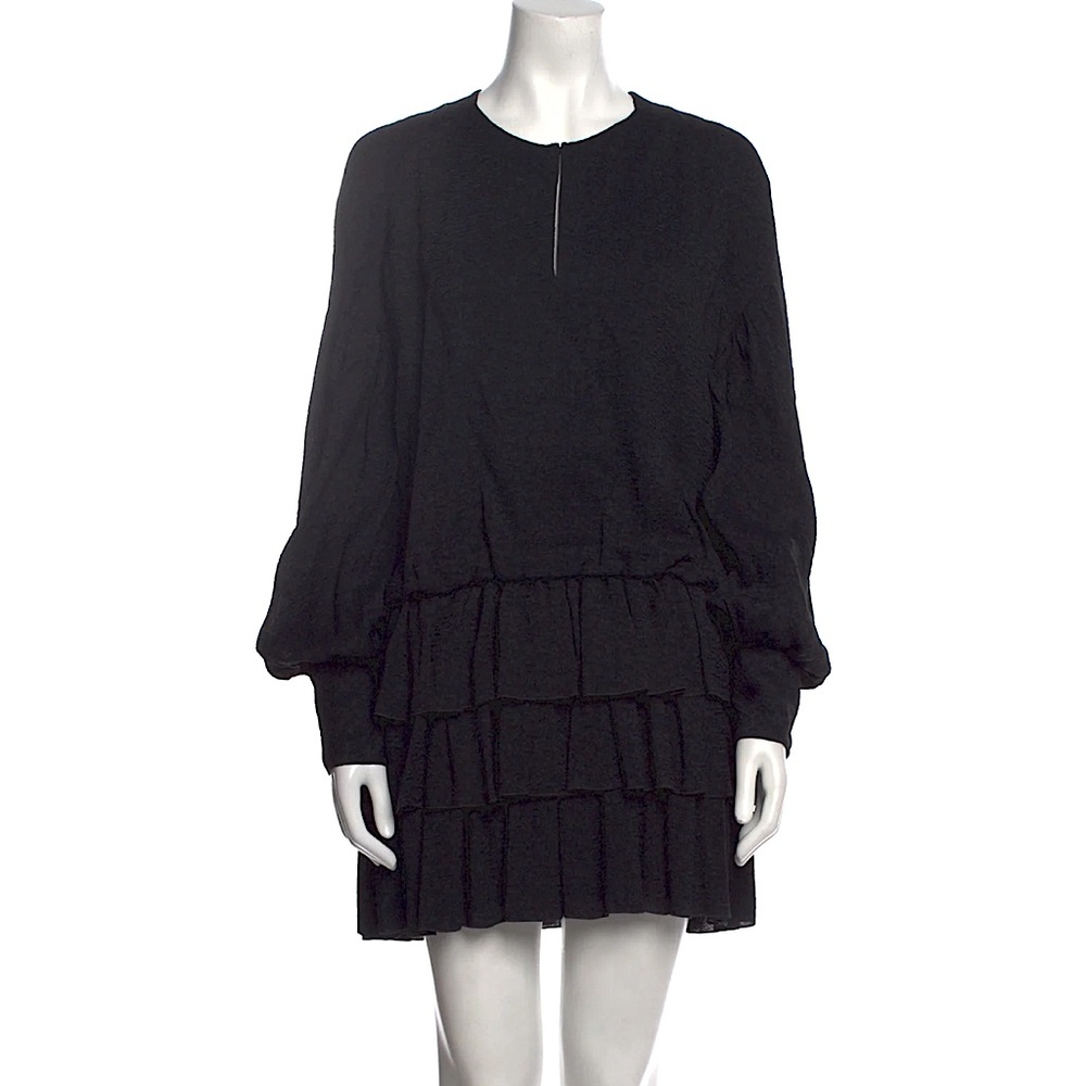 Saint Laurent Black YSL Mini Ruffle Dress w Drop Waist Floral Sz 42 FIRM